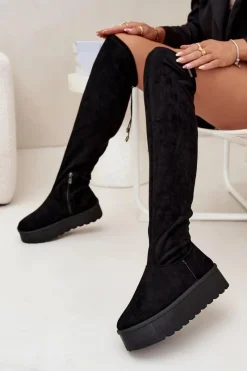 Kozaki Damskie Na Platformie Za Kolano Big Star SS274264 Czarne Damskie Kozaki Ocieplane|Muszkieterki