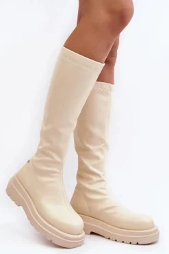 Online Kozaki Damskie Na Platformie Z Suwakiem MM2N4067 Jasnobeżowe Damskie Kozaki Płaskie|Kozaki Przed Kolano