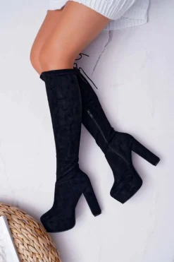 Kozaki Na Obcasie|Kozaki Zamszowe>Boto Kozaki Damskie Na Słupku Czarne Kontiga