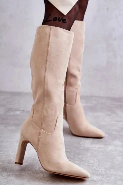 Sale Kozaki Damskie Na Słupku Do Kolana Beżowe Truly Love Damskie Kozaki Na Słupku|Kozaki Wiosenne