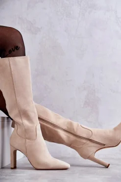 Sale Kozaki Damskie Na Słupku Do Kolana Beżowe Truly Love Damskie Kozaki Na Słupku|Kozaki Wiosenne