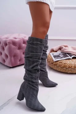 Sale Boto Kozaki Damskie Na Słupku Do Kolan Szare Termen