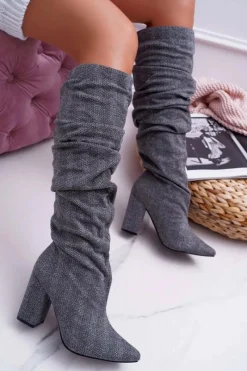 Sale Boto Kozaki Damskie Na Słupku Do Kolan Szare Termen