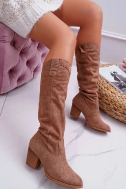 Sale Boto Kozaki Damskie Na Słupku Do Kolana Zamszowe Beżowe Lemane