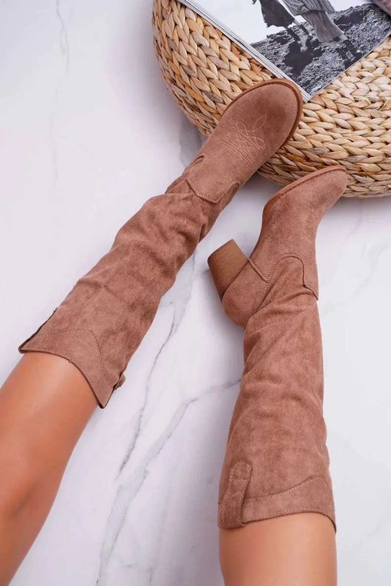 Sale Boto Kozaki Damskie Na Słupku Do Kolana Zamszowe Beżowe Lemane