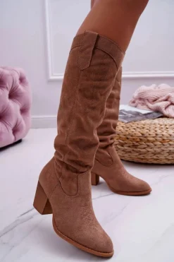 Sale Boto Kozaki Damskie Na Słupku Do Kolana Zamszowe Beżowe Lemane