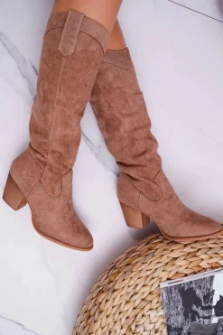 Sale Boto Kozaki Damskie Na Słupku Do Kolana Zamszowe Beżowe Lemane