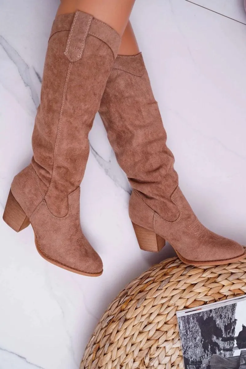 Sale Boto Kozaki Damskie Na Słupku Do Kolana Zamszowe Beżowe Lemane