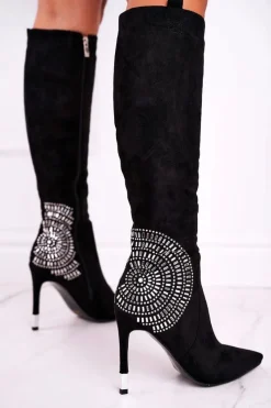 Outlet Boto Kozaki Damskie Na Słupku Do Kolana Czarne Fashionable