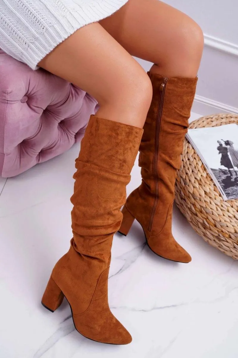 Kozaki Damskie Na Słupku Do Kolana Zamszowe Camel Bemma Damskie Kozaki Na Obcasie|Kozaki Zamszowe