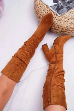 Kozaki Damskie Na Słupku Do Kolana Zamszowe Camel Bemma Damskie Kozaki Na Obcasie|Kozaki Zamszowe