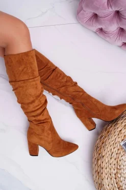 Kozaki Damskie Na Słupku Do Kolana Zamszowe Camel Bemma Damskie Kozaki Na Obcasie|Kozaki Zamszowe