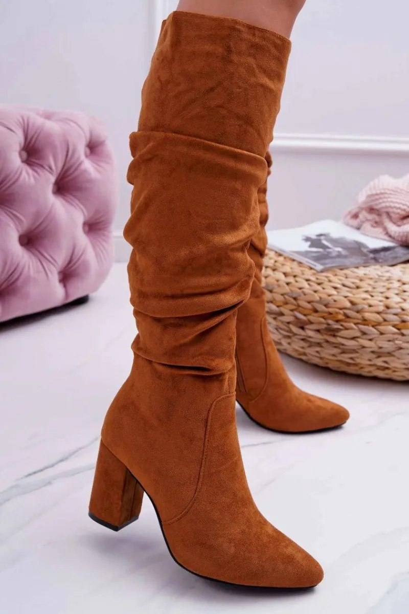 Kozaki Damskie Na Słupku Do Kolana Zamszowe Camel Bemma Damskie Kozaki Na Obcasie|Kozaki Zamszowe