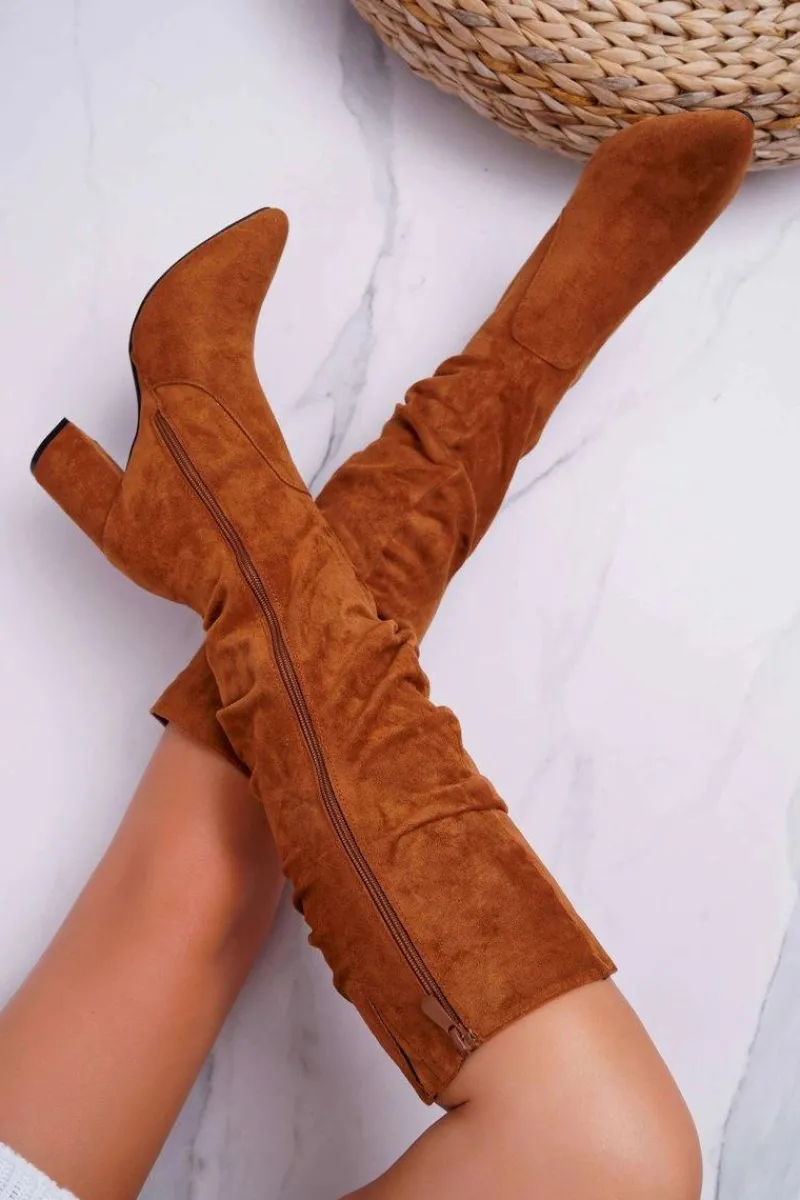 Kozaki Damskie Na Słupku Do Kolana Zamszowe Camel Bemma Damskie Kozaki Na Obcasie|Kozaki Zamszowe