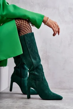 New Boto Kozaki Damskie Na Słupku Do Kolana Zielone Truly Love