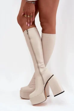 Kozaki Ocieplane|Kozaki Na Słupku>Boto Kozaki Damskie Na Słupku I Platformie Jasnobeżowe Yavira Beżowy