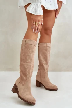 Clearance Boto Kozaki Damskie Na Słupku Przed Kolano Beżowe Erisorae