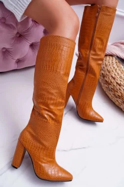 Outlet Kozaki Damskie Na Słupku Skóra Węża Camel Aduan Damskie Kozaki Wiosenne|Kozaki Na Obcasie