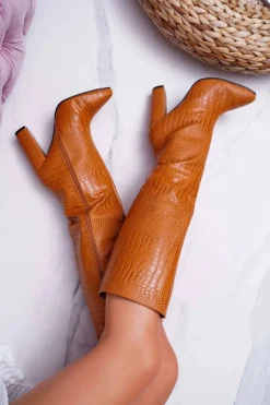 Outlet Kozaki Damskie Na Słupku Skóra Węża Camel Aduan Damskie Kozaki Wiosenne|Kozaki Na Obcasie