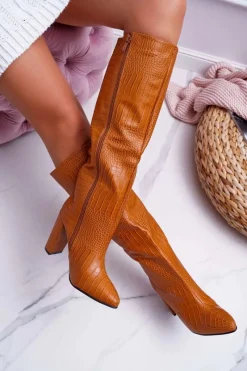 Outlet Kozaki Damskie Na Słupku Skóra Węża Camel Aduan Damskie Kozaki Wiosenne|Kozaki Na Obcasie