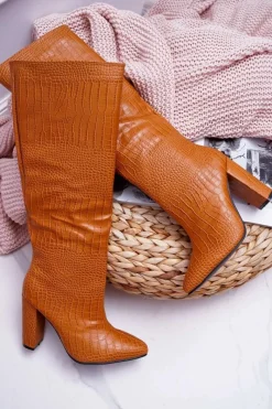 Outlet Kozaki Damskie Na Słupku Skóra Węża Camel Aduan Damskie Kozaki Wiosenne|Kozaki Na Obcasie