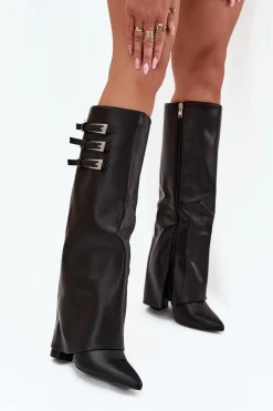 Online Kozaki Damskie Na Słupku Wywinięta Cholewka Paski Z Klamrami Czarne Nirisa Damskie Kozaki Ocieplane|Kozaki Na Słupku