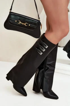 Online Kozaki Damskie Na Słupku Wywinięta Cholewka Paski Z Klamrami Czarne Nirisa Damskie Kozaki Ocieplane|Kozaki Na Słupku