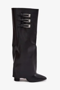 Online Kozaki Damskie Na Słupku Wywinięta Cholewka Paski Z Klamrami Czarne Nirisa Damskie Kozaki Ocieplane|Kozaki Na Słupku