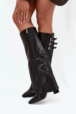 Online Kozaki Damskie Na Słupku Wywinięta Cholewka Paski Z Klamrami Czarne Nirisa Damskie Kozaki Ocieplane|Kozaki Na Słupku