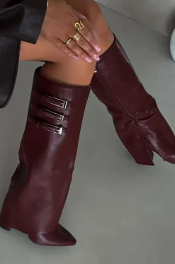 Clearance Boto Kozaki Damskie Na Słupku Wywinięta Cholewka Paski Z Klamrami Bordowe Nirisa Czerwony