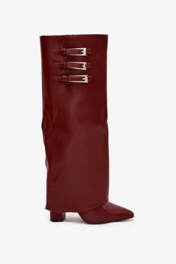 Clearance Boto Kozaki Damskie Na Słupku Wywinięta Cholewka Paski Z Klamrami Bordowe Nirisa Czerwony