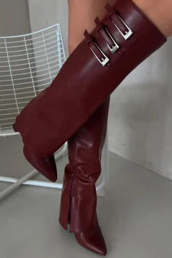 Clearance Boto Kozaki Damskie Na Słupku Wywinięta Cholewka Paski Z Klamrami Bordowe Nirisa Czerwony