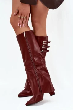 Clearance Boto Kozaki Damskie Na Słupku Wywinięta Cholewka Paski Z Klamrami Bordowe Nirisa Czerwony