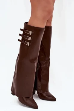 New Kozaki Damskie Na Słupku Wywinięta Cholewka Paski Z Klamrami Czekoladowe Nirisa Damskie Kozaki Ocieplane|Kozaki Na Słupku