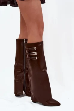 New Kozaki Damskie Na Słupku Wywinięta Cholewka Paski Z Klamrami Czekoladowe Nirisa Damskie Kozaki Ocieplane|Kozaki Na Słupku