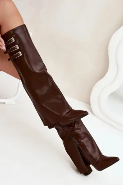 New Kozaki Damskie Na Słupku Wywinięta Cholewka Paski Z Klamrami Czekoladowe Nirisa Damskie Kozaki Ocieplane|Kozaki Na Słupku