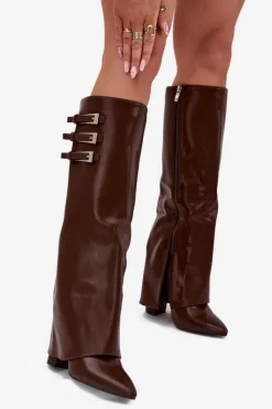 New Kozaki Damskie Na Słupku Wywinięta Cholewka Paski Z Klamrami Czekoladowe Nirisa Damskie Kozaki Ocieplane|Kozaki Na Słupku