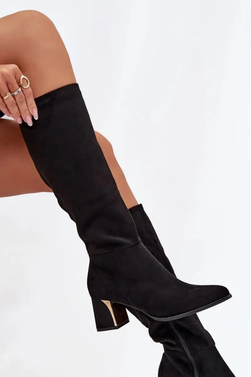 Kozaki Ocieplane|Kozaki Na Słupku>Boto Kozaki Damskie Na Słupku Ze Złotym Elementem Czarne Nivarae Czarny