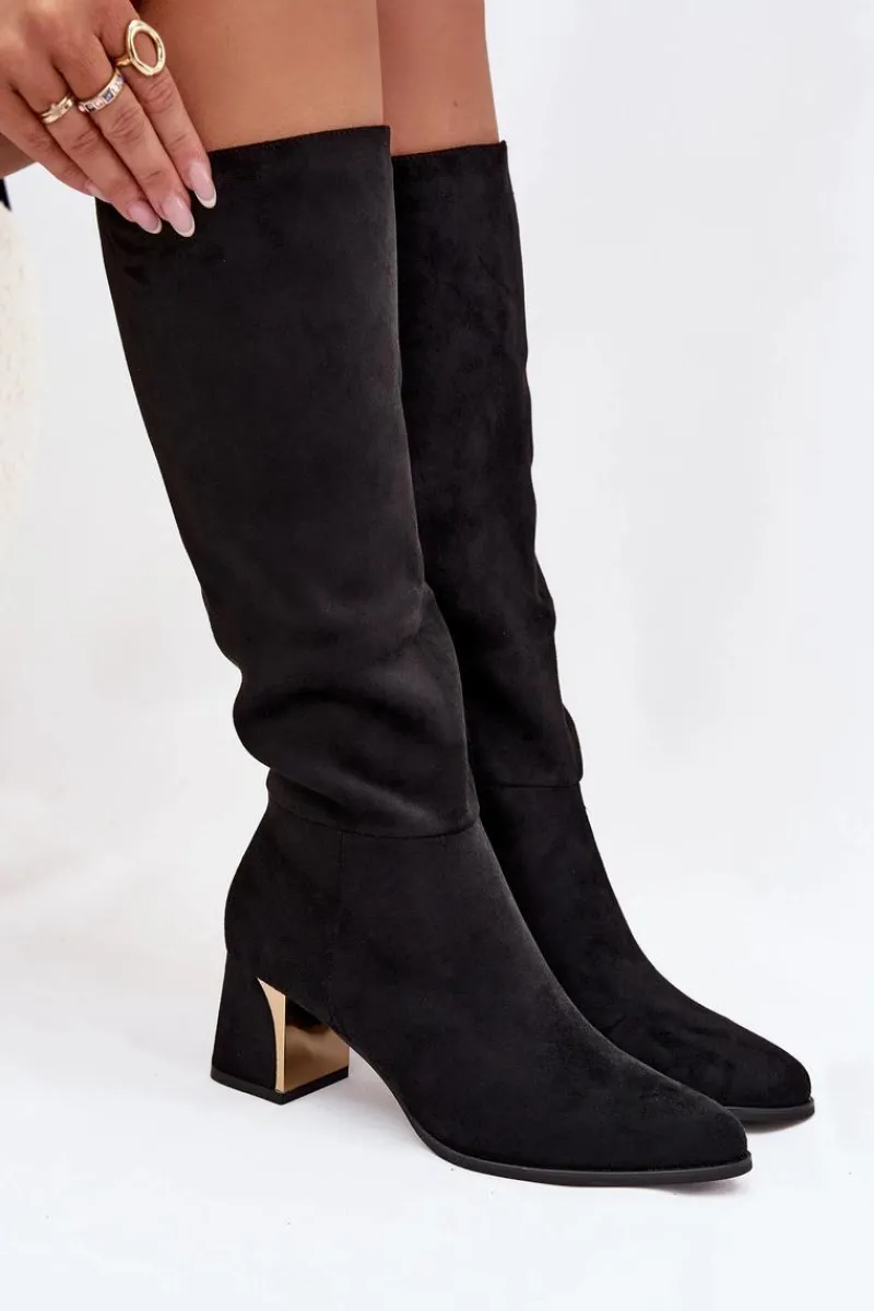 Kozaki Ocieplane|Kozaki Na Słupku>Boto Kozaki Damskie Na Słupku Ze Złotym Elementem Czarne Nivarae Czarny