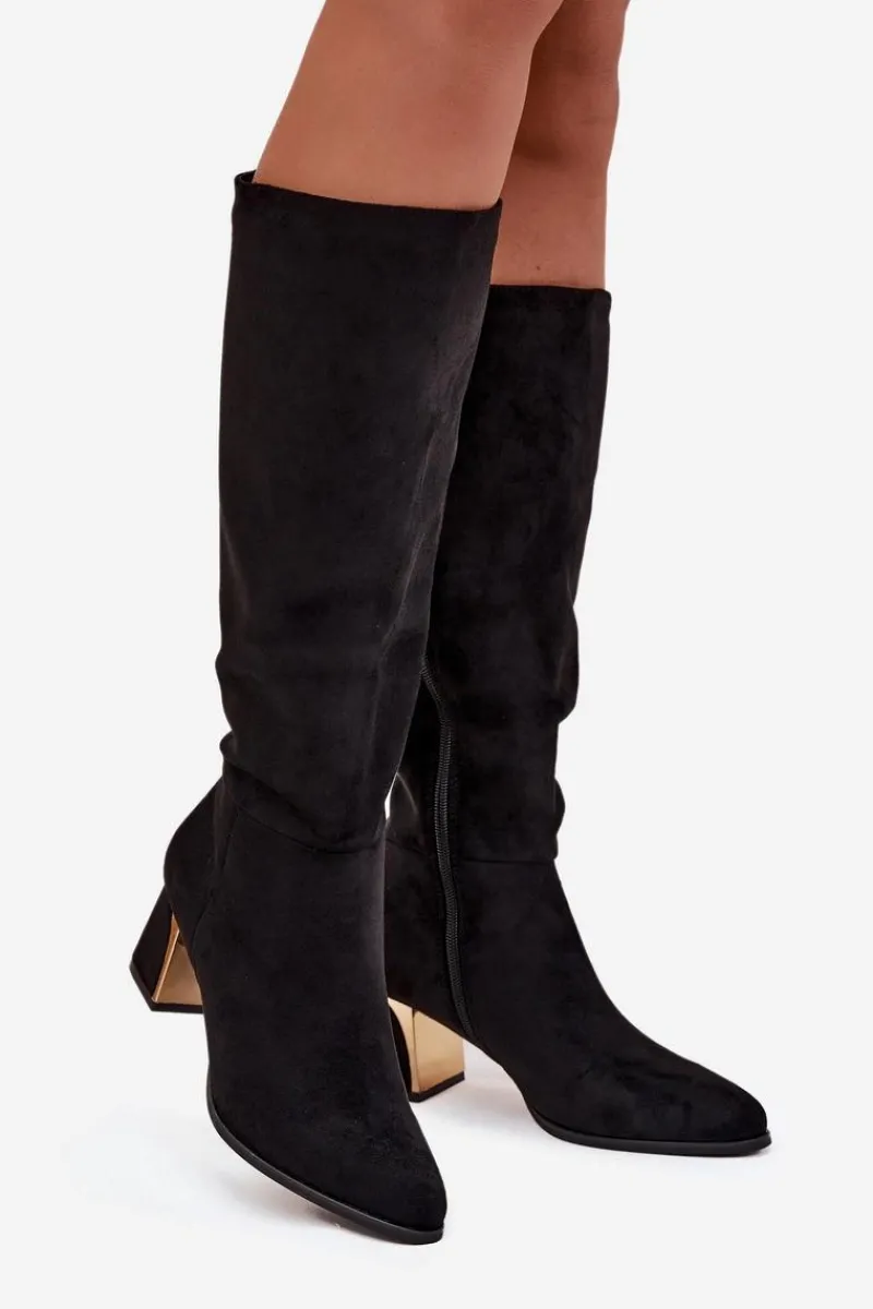 Kozaki Ocieplane|Kozaki Na Słupku>Boto Kozaki Damskie Na Słupku Ze Złotym Elementem Czarne Nivarae Czarny