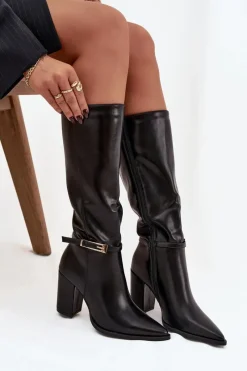 Hot Kozaki Damskie Na Słupku Z Klamrą Ocieplane Czarne Cirella Damskie Kozaki Na Słupku|Kozaki Przed Kolano