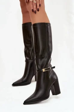 Hot Kozaki Damskie Na Słupku Z Klamrą Ocieplane Czarne Cirella Damskie Kozaki Na Słupku|Kozaki Przed Kolano