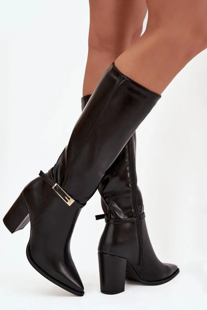 Hot Kozaki Damskie Na Słupku Z Klamrą Ocieplane Czarne Cirella Damskie Kozaki Na Słupku|Kozaki Przed Kolano