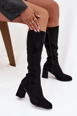 Sale Boto Kozaki Damskie Na Słupku Z Eko Zamszu Czarne Yelisse Czarny