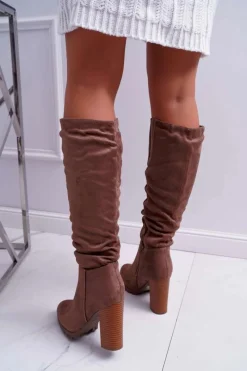 Discount Boto Kozaki Damskie Na Słupku Zamszowe Khaki Marion