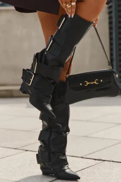 Discount Kozaki Damskie Na Słupku Z Wywiniętą Cholewką I Złotymi Klamrami Czarne Isavelle Damskie Kozaki Ocieplane|Kozaki Na Słupku