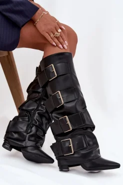 Discount Kozaki Damskie Na Słupku Z Wywiniętą Cholewką I Złotymi Klamrami Czarne Isavelle Damskie Kozaki Ocieplane|Kozaki Na Słupku