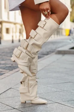 Best Boto Kozaki Damskie Na Słupku Z Wywiniętą Cholewką I Złotymi Klamrami Jasnobeżowe Isavelle Beżowy