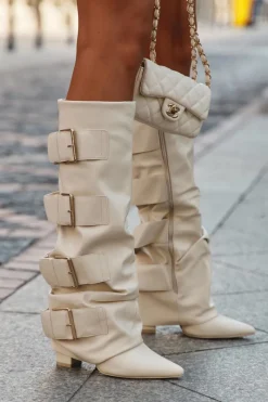 Best Boto Kozaki Damskie Na Słupku Z Wywiniętą Cholewką I Złotymi Klamrami Jasnobeżowe Isavelle Beżowy