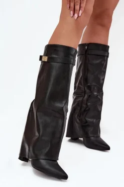 Hot Boto Kozaki Damskie Na Słupku Z Wywiniętą Cholewką I Złotym Detalem Czarne Diorna